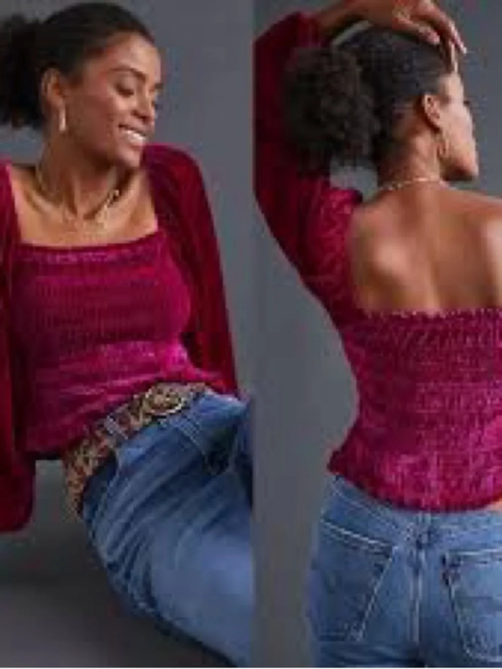 Anthropologie Velvet Smocked Top in Deep Magenta Xs Boho